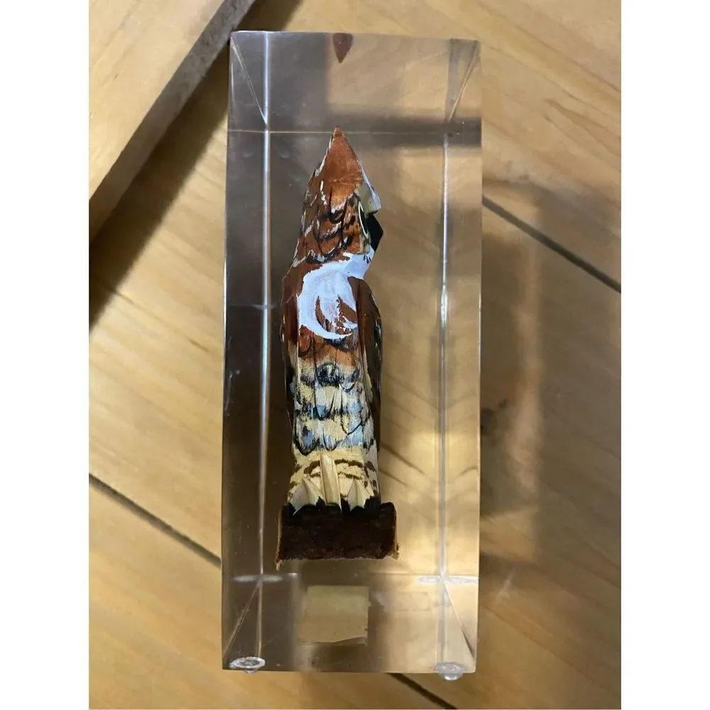 Vintage handcarved wooden horned owl paperweight